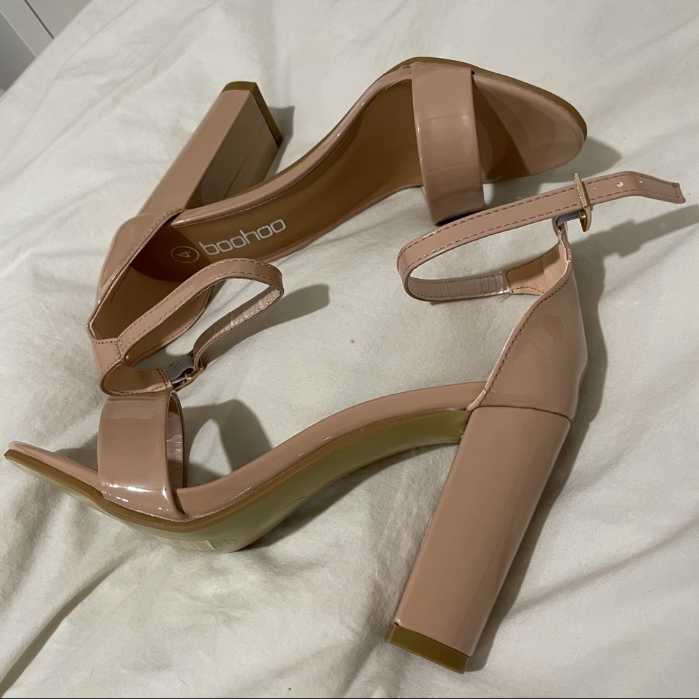 Boohoo Nude Patent Block Heel Sandals
